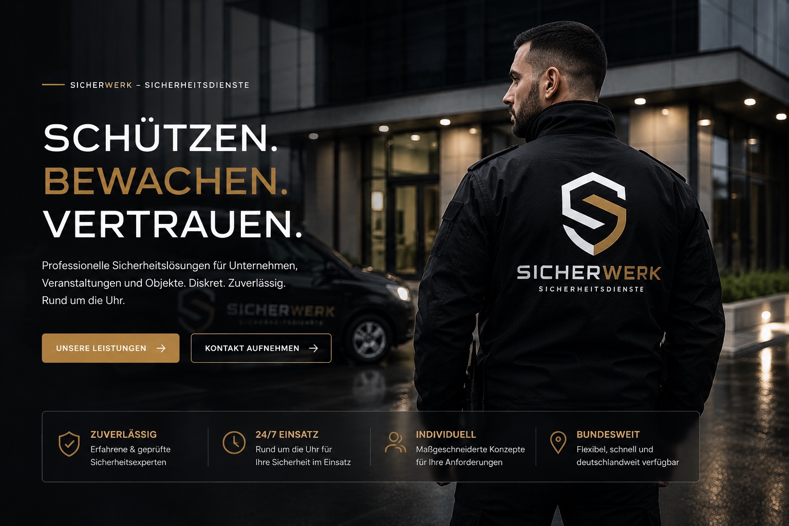 SICHERWERK Sicherheitsmitarbeiter vor einem modernen Firmengebäude. Professionelle Sicherheitslösungen für Unternehmen, Veranstaltungen und Objekte.